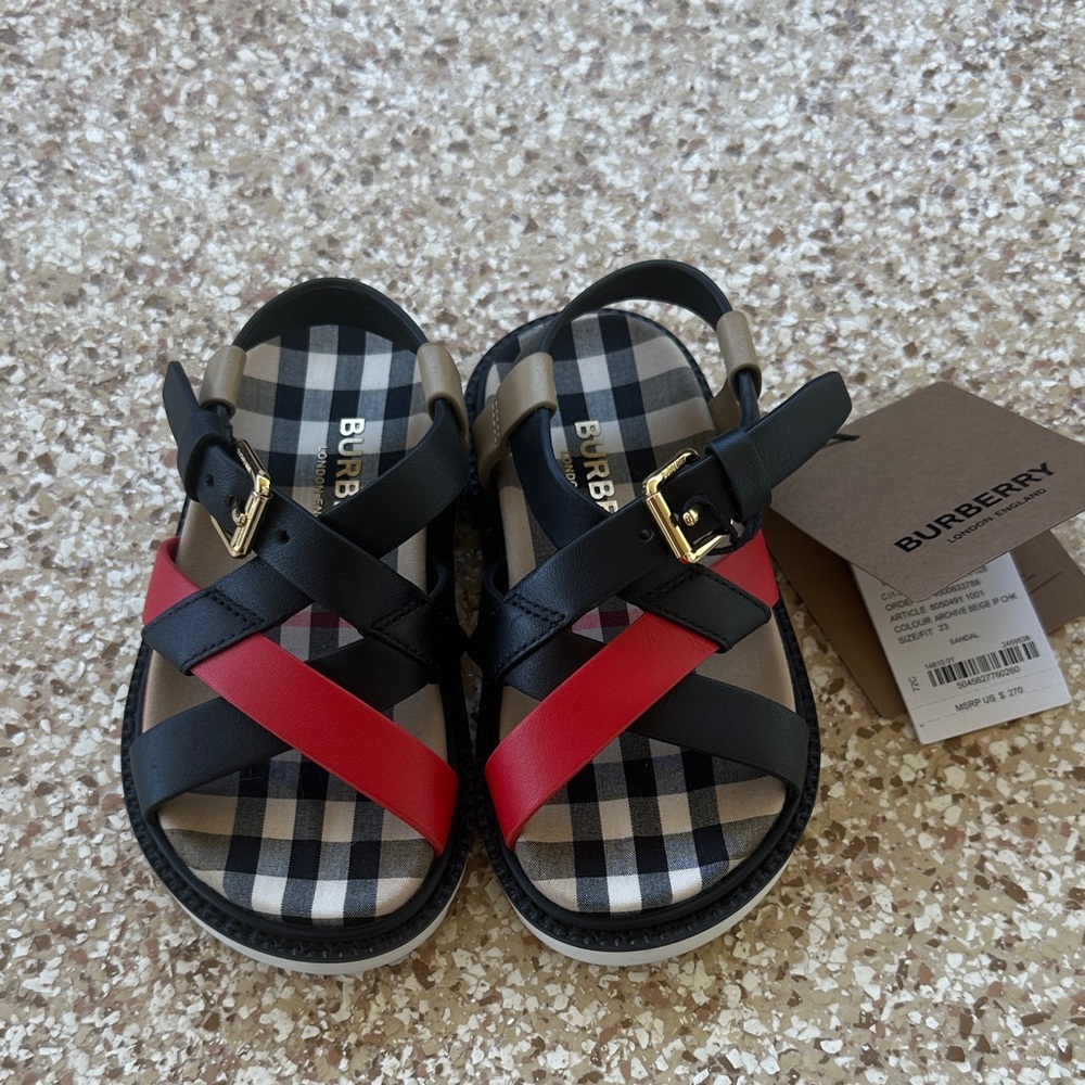 Burberry Kids Black and Red Check Sandals
